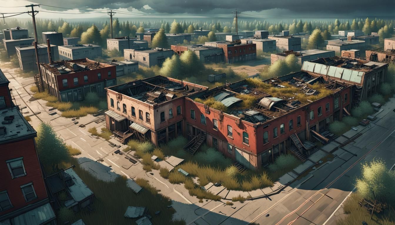 Aerial shot, Liminal space; Abandoned trash strewn empty Mid...