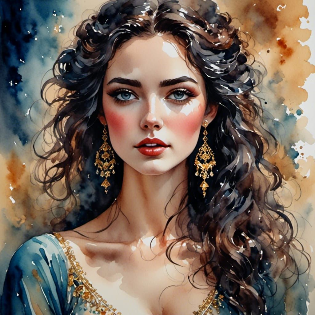 Beautiful Woman in Antique Watercolor Style