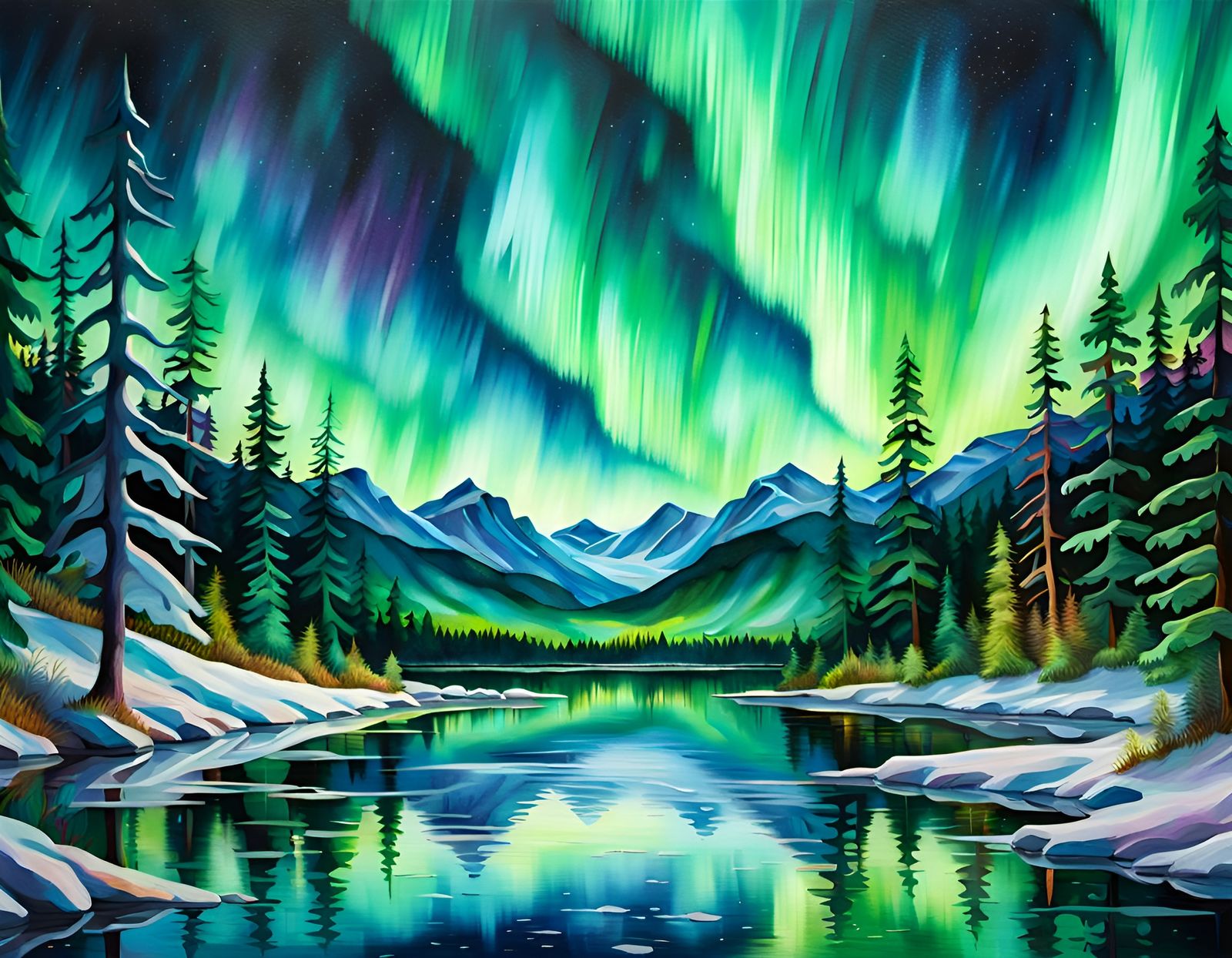 Northern lights over a forest, and a lake with reflections, intricately ...