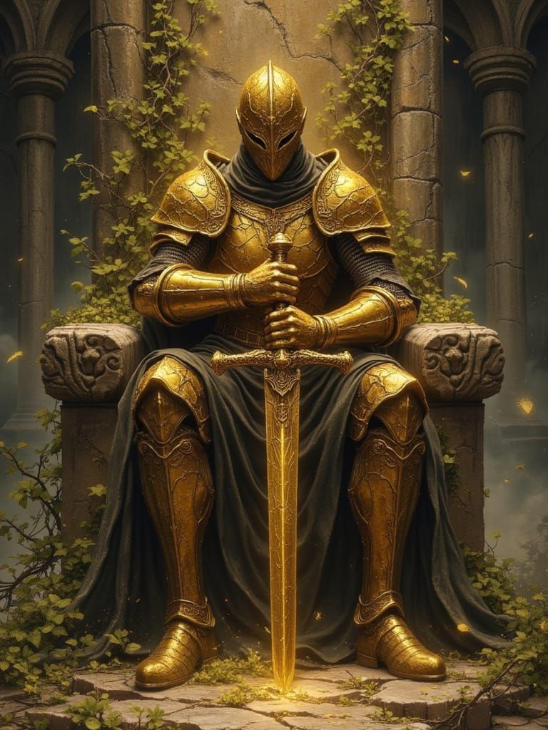 A knight with a cracked golden helm sits upon a stone throne half-consumed by vines. Their armor is engraved with faded heraldry, illuminate...
