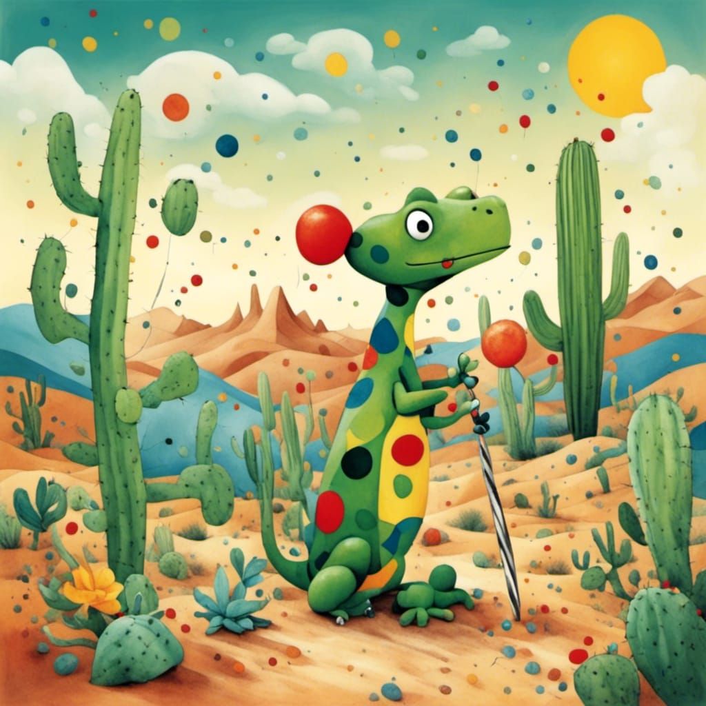 <lora:Road Trip:1.0> cute lizard with a lollipop in a cactus desert