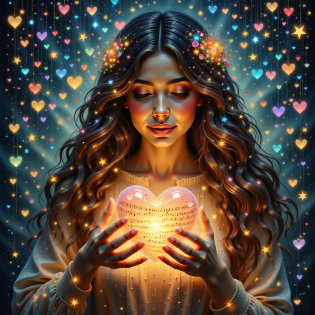 <lora:Holding a Heart:1.0> <lora:MusicPaperPortraits:1.0> sparkles hearts glowing woman holding a glowing heart shimmering colors glowing he...