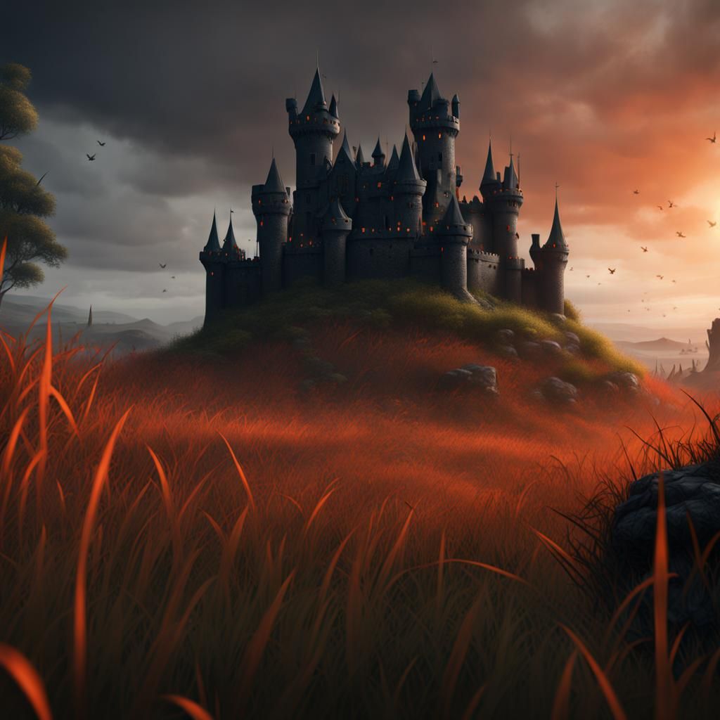 Black castle with dark orange accents sitting on a field of ...