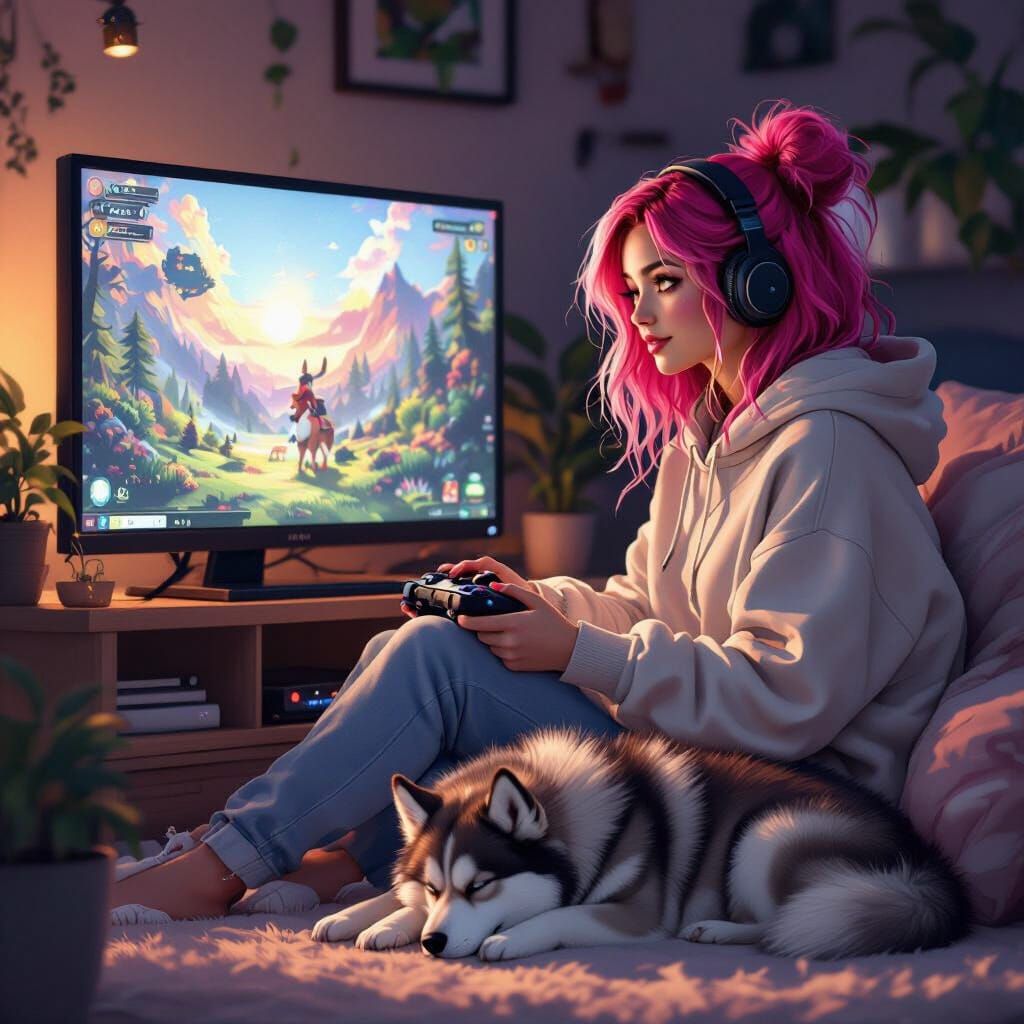 female gamer, in a cozy background with a sleeping husky
