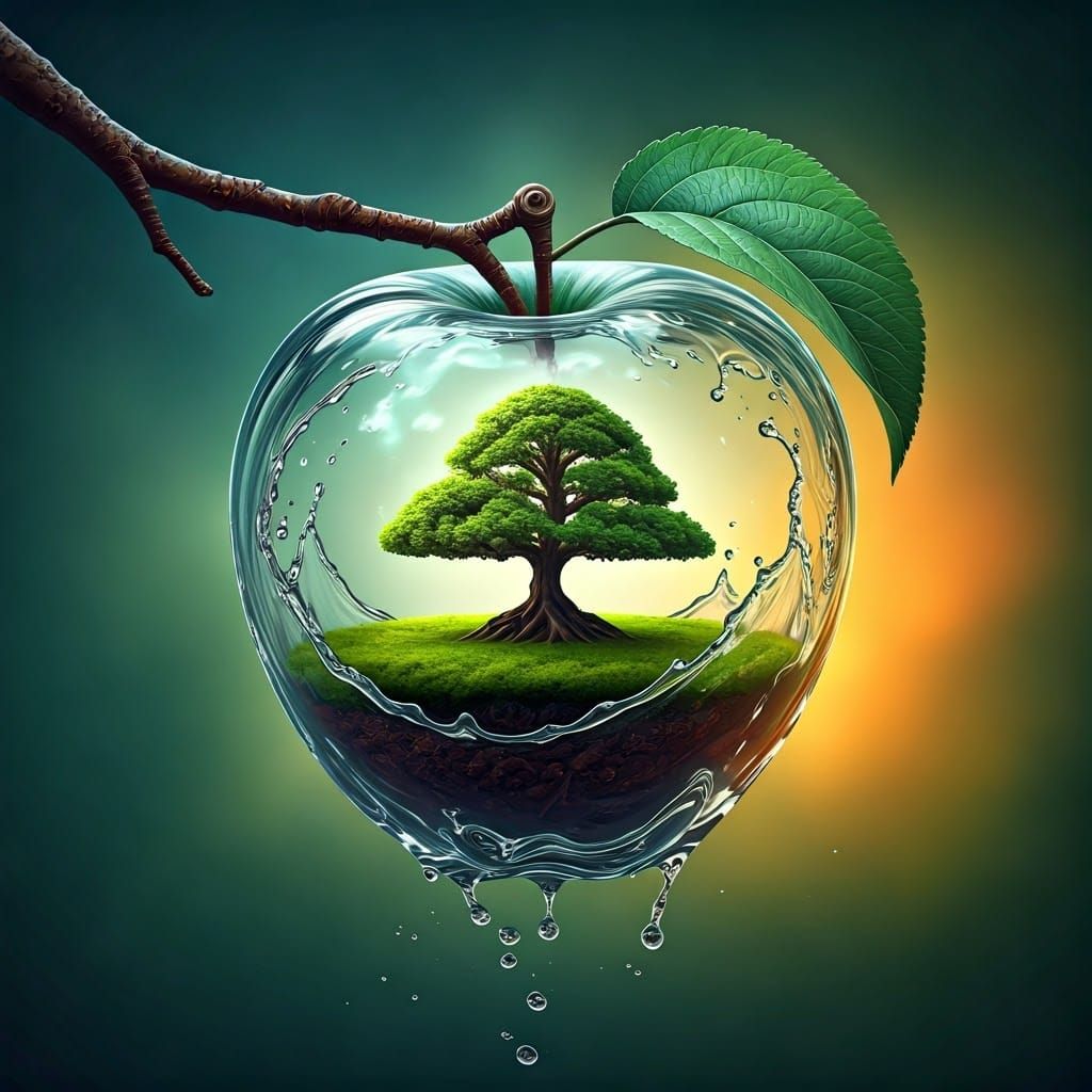 On the branch of an apple tree there is a transparent glass apple. Inside the apple there is a small apple tree growing in bonsai style