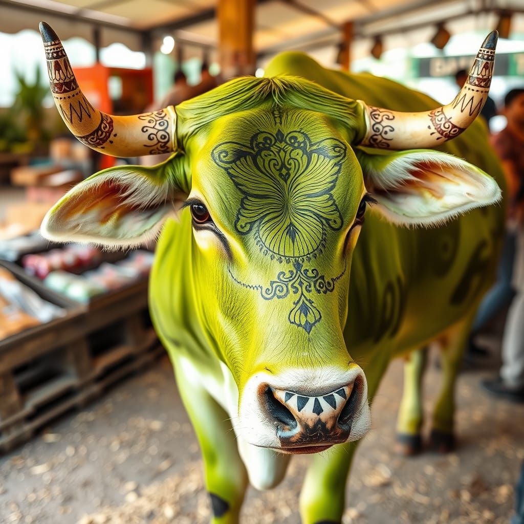 Matcha green indian cow with ornate henna tattoo at farmer’s market  by @The Marshes