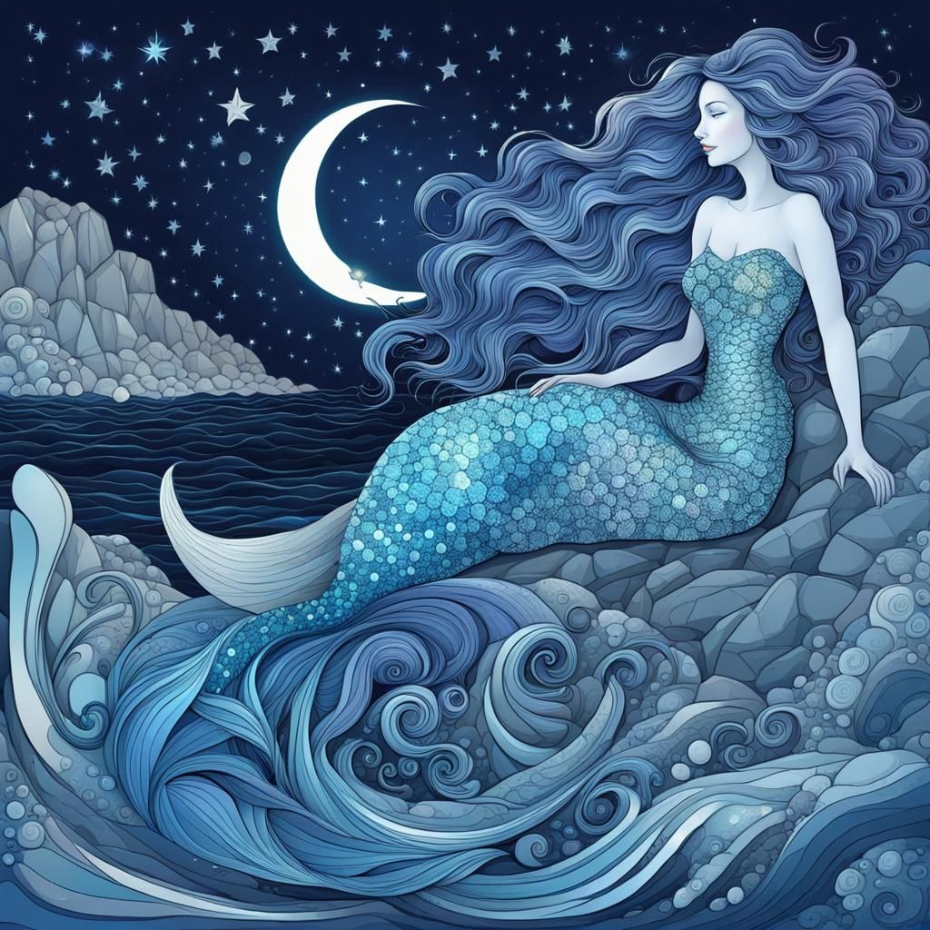 A beautiful young mermaid resting in a big rock, curvy body,...