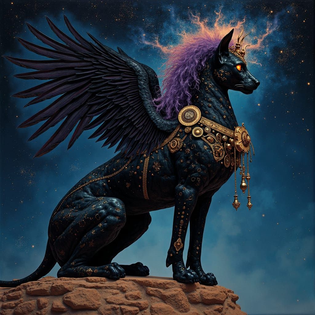 A majestic black sphinx with intricate clockwork wings and a mane of swirling nebulae, perched atop a ...  by @Conjur