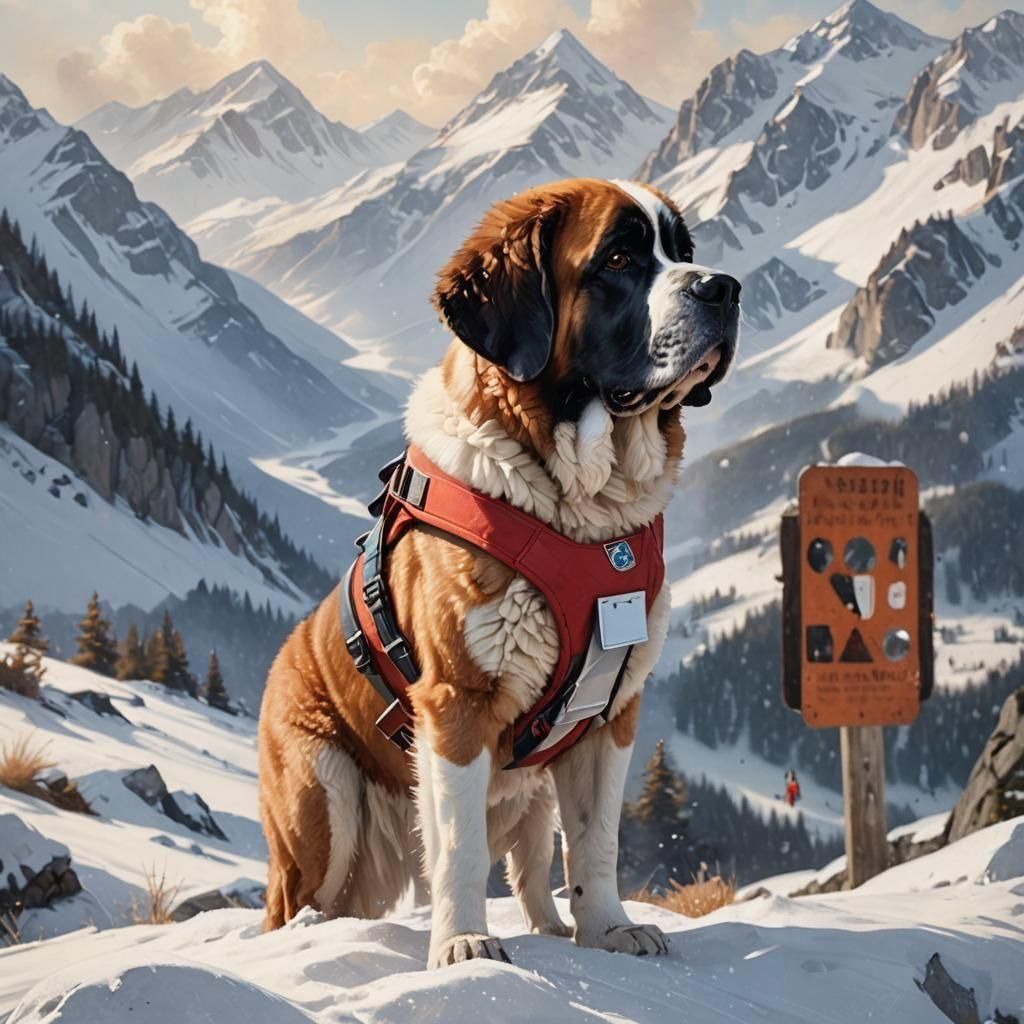 A St Bernard dog on a snowy mountain  as a rescue dog  by @Tilted25