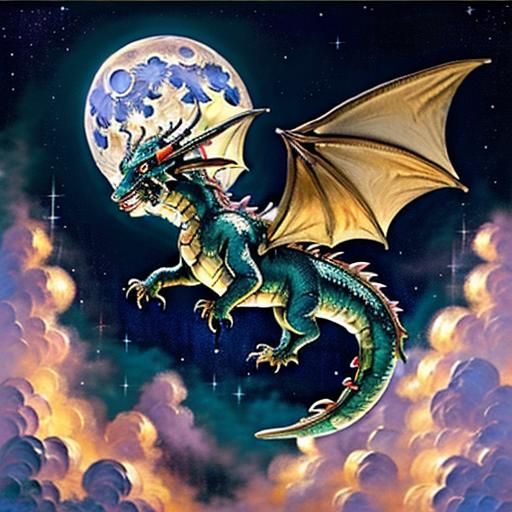 (anime Dragon flying:2) in the air under (starry night sky:1...