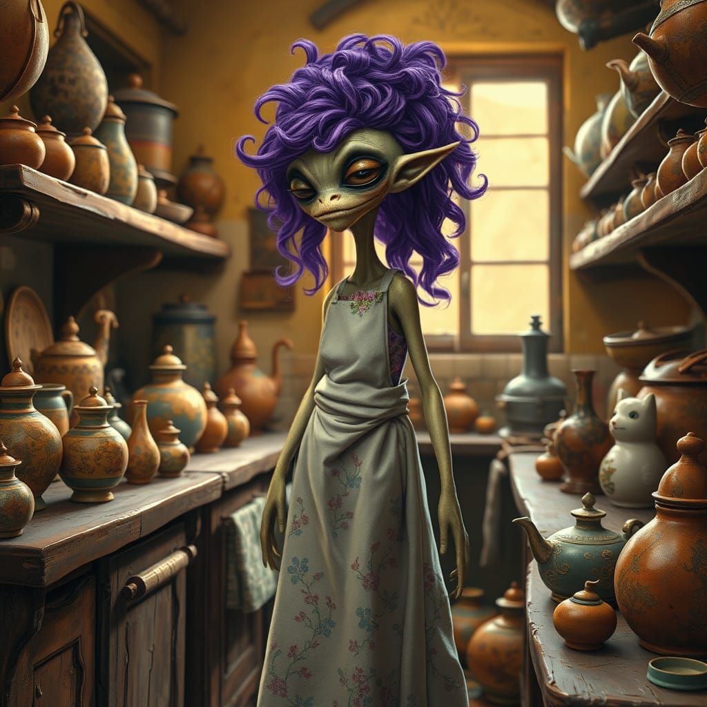 Dreamlike Alien in Whimsical Kitchen, Kandinsky Style