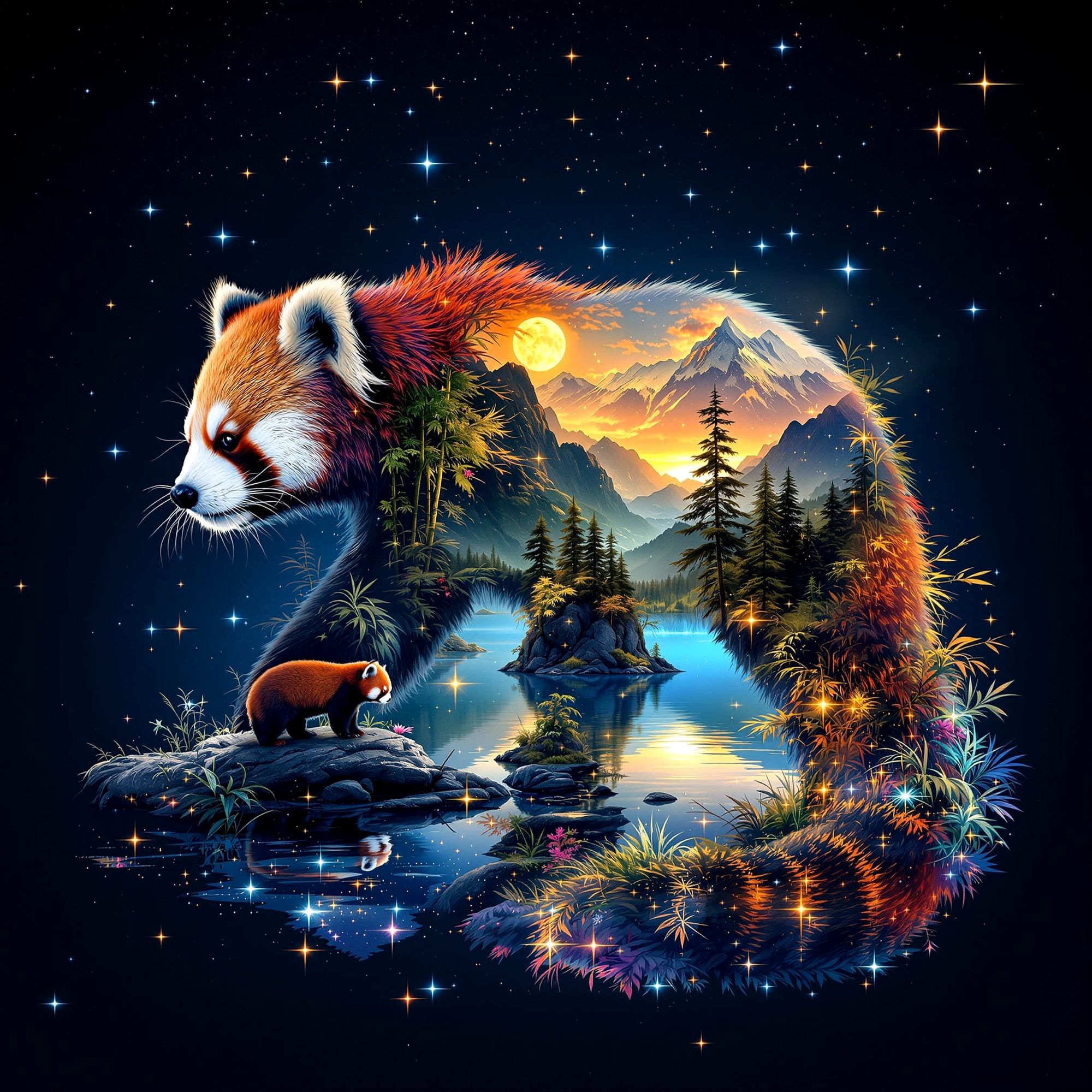 add 2 more red panda's behind the little red panda on the rock.