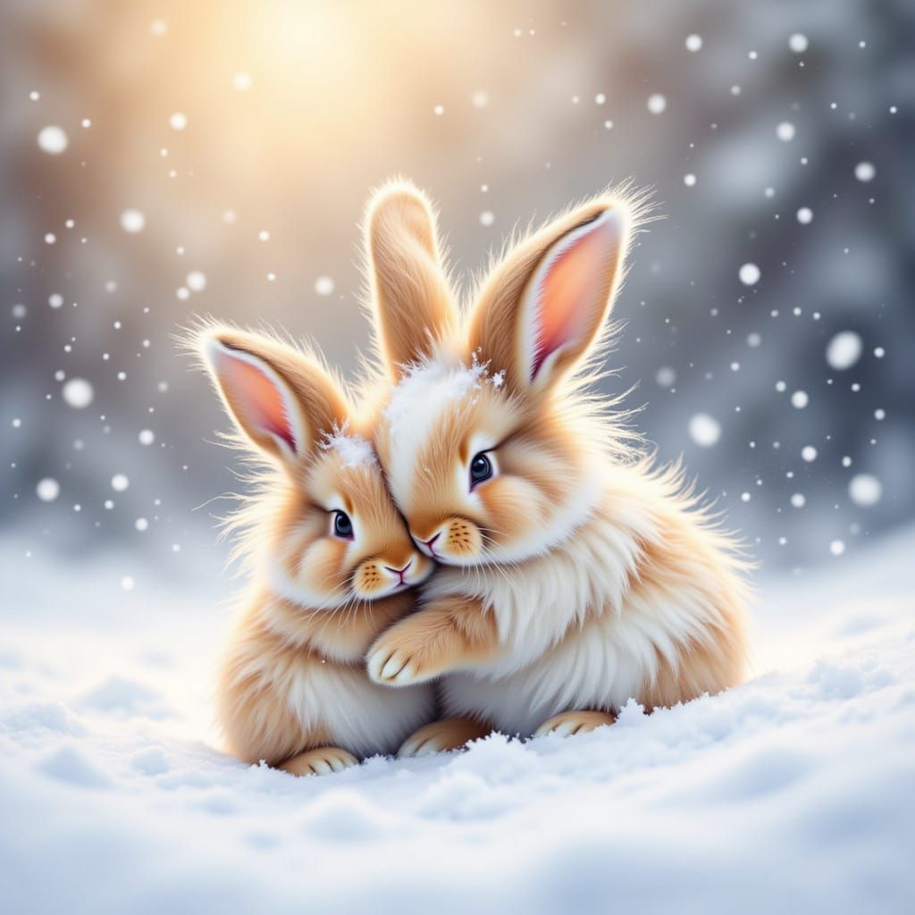 <lora:Cute Rabbits:1.0> ethereal watercolor. Medium shot. A cute baby rabbit with long fur cuddles in the snow. Many snow sprays fly in the...