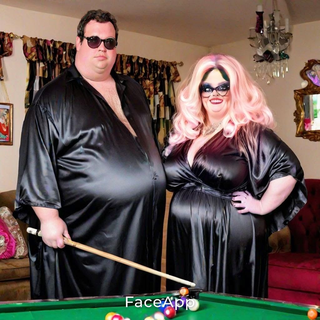 Poofy Extravagant Ultra Femme Fat Obese Overweight Couple wearing Black Satin Caftan Kaftan Abaya playing Snooker and Po...