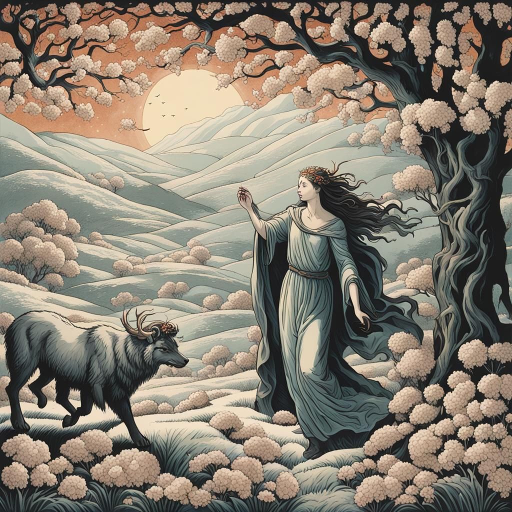 Persephone abducted by Hades, bringing winter to the land.
