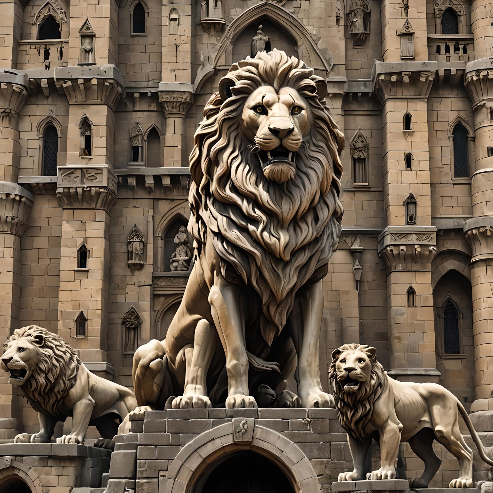 castle with giant lion statues