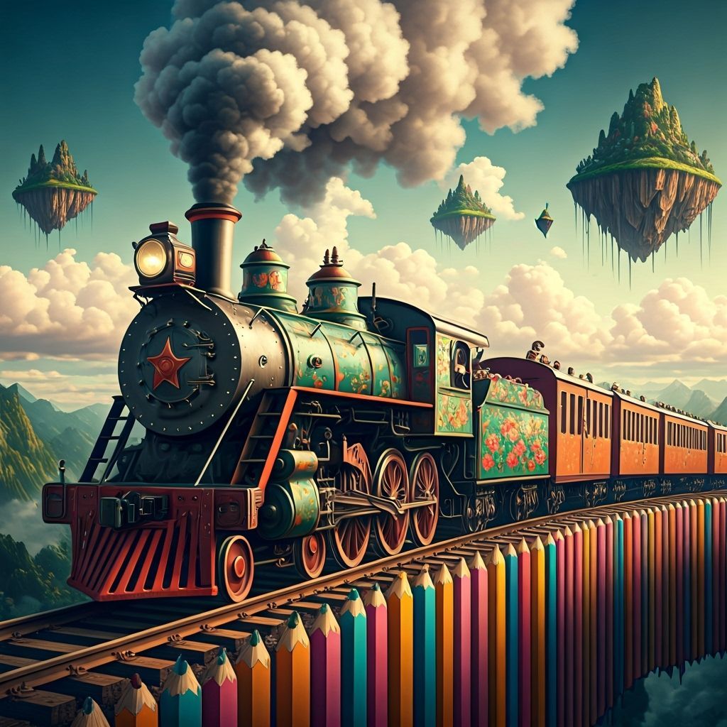 A vintage steam train, adorned with intricate floral arrangements, chugs along a track made of giant, colorful pencils. The train is carryin...