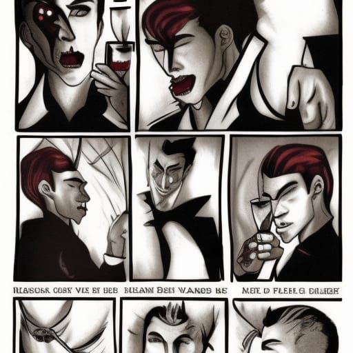handsome decent-looking vampire drinks blood
