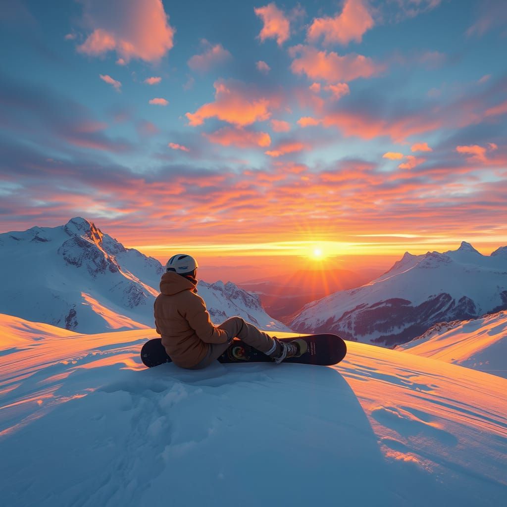 Snowboarder at Mountain Summit Watching Sunrise