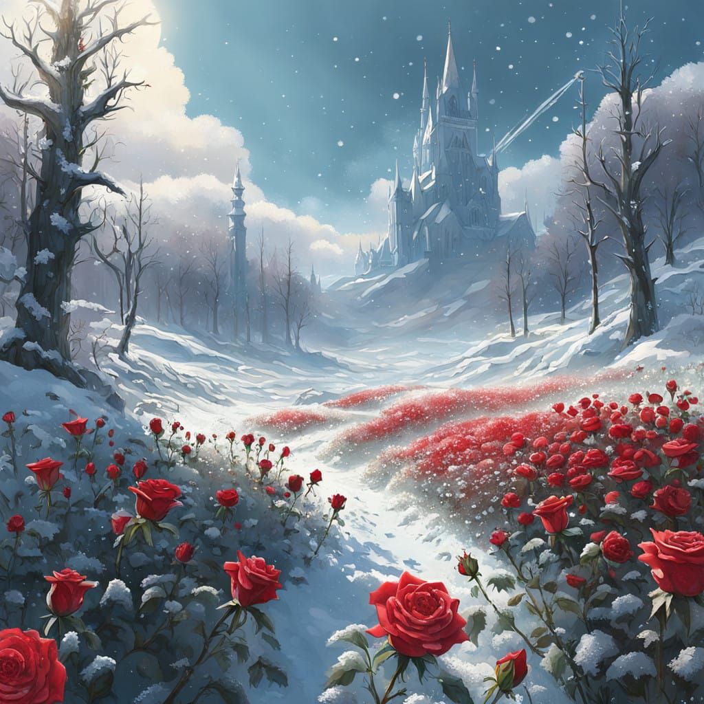 a splash of red roses scattered on the snow shimmering with silver sparkles   by @SpaceTsunami