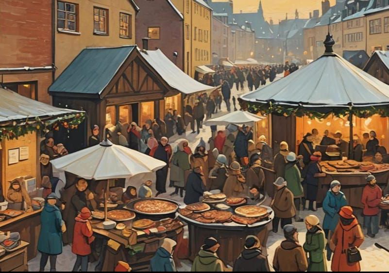 medium shot, German Christmas market, woman cooking bratwurs...