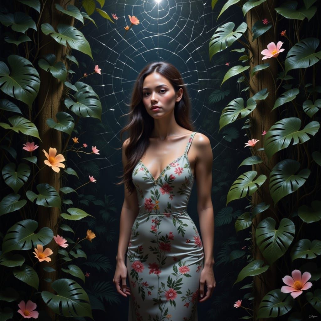 Dark weave broken glass formed into a woman of lovely grace connected to a starlight substance with presence of heartfelt slice, a song of f...