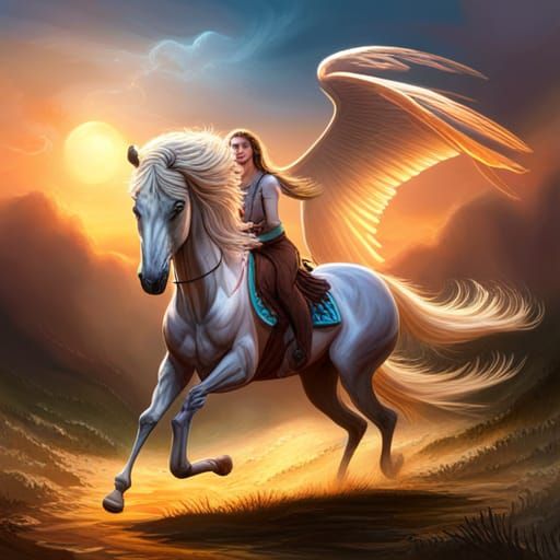 Horse with wings. Sorceress on horse rain sun - AI Generated Artwork ...