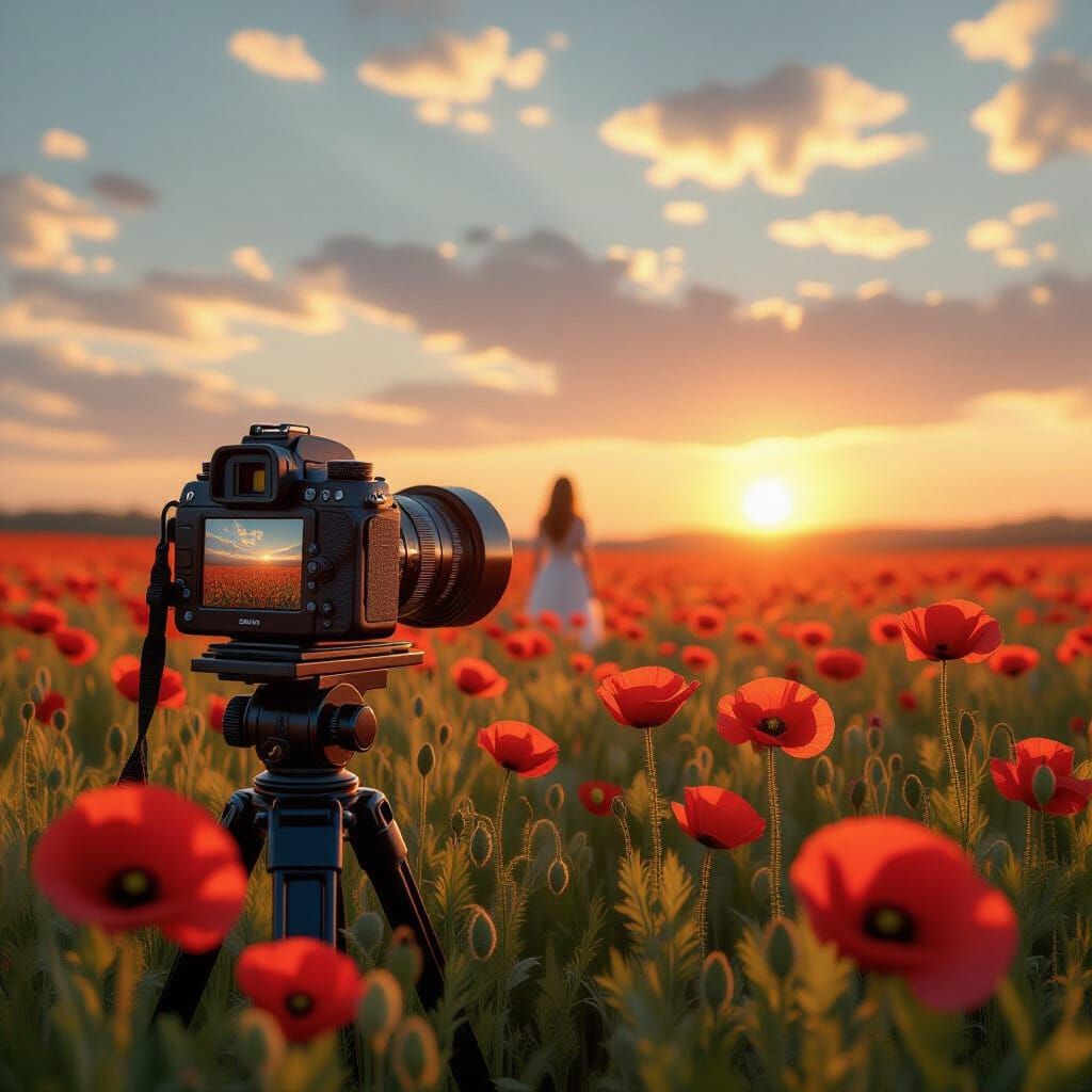 imagine a vintage film camera capturing a surreal moment in a poppy field. The camera is ornate and detailed, ...  by @Shadowbird