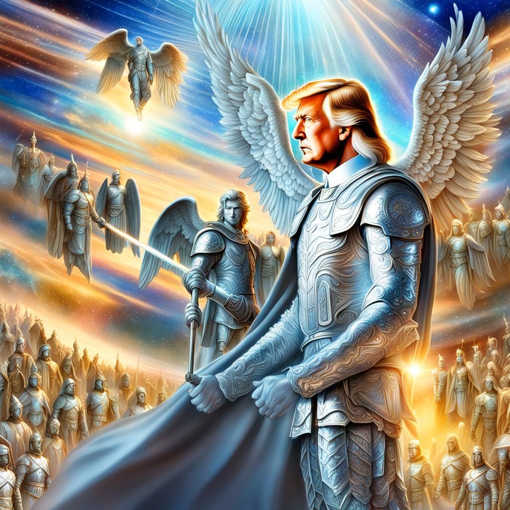 realistic handsome man President Donald J Trump standing and facing forward, surrounded protected by male angel warriors in silver armor hea...