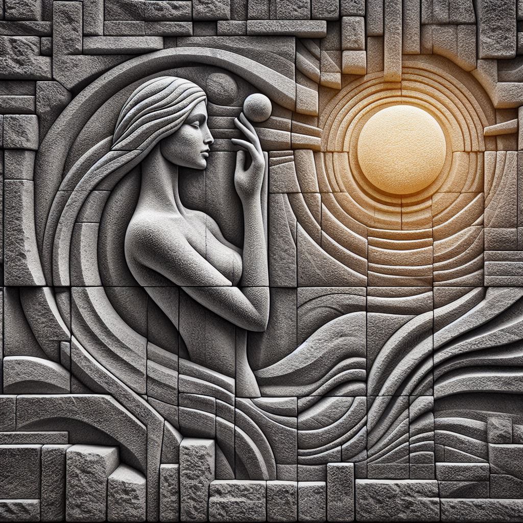 Woman and sun, carved into a wall of stone blocks