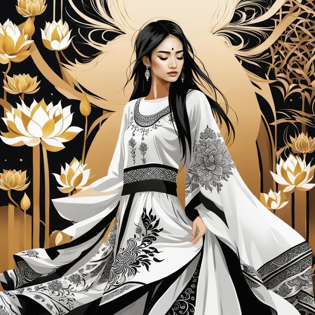 Golden Lotus Woman Portrait in Minimalist Style