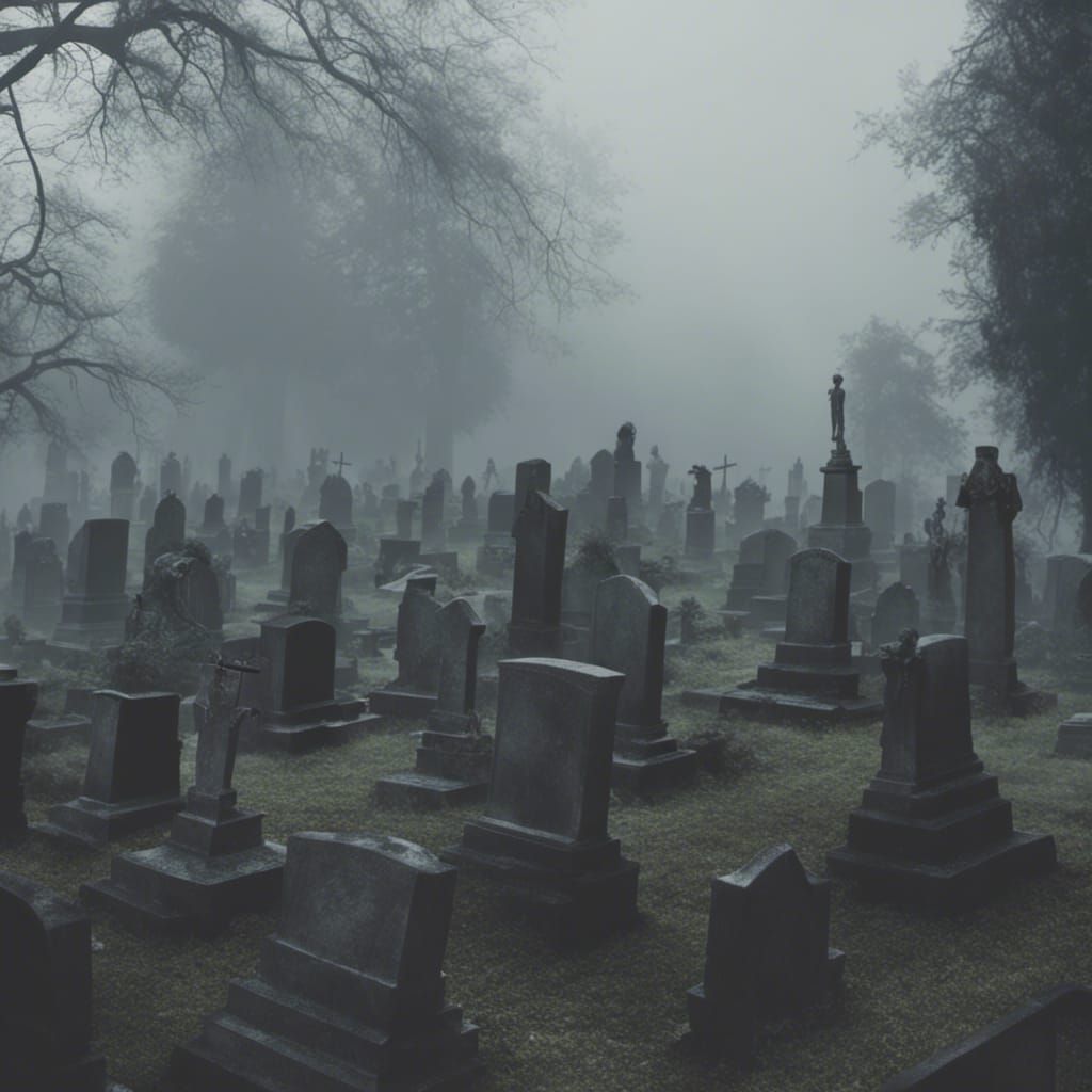 Foggy dark cemetery zombies climbing out from graves. 4K depth of view