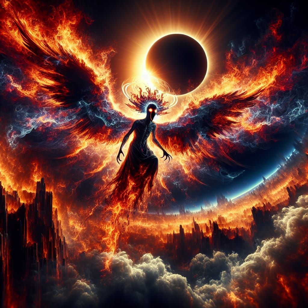 A beautiful flaming dark angel descending from heaven during a solar ...