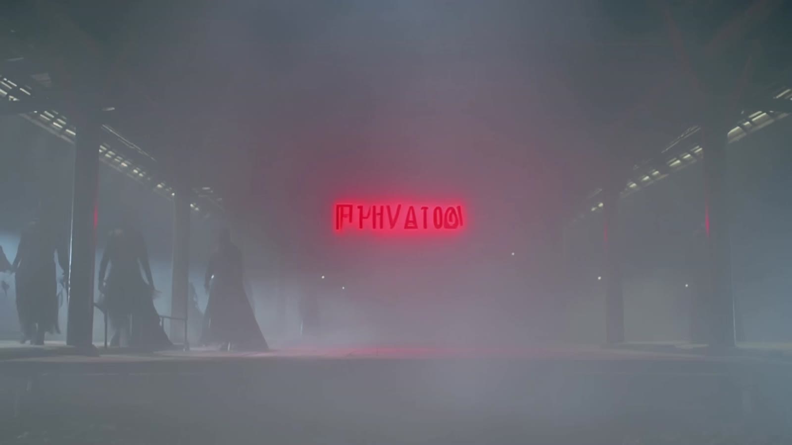Dark horror cinematic background, 16:9.  
Foggy railway platform with faint faceless ghostly shadows standing.  
Text in...