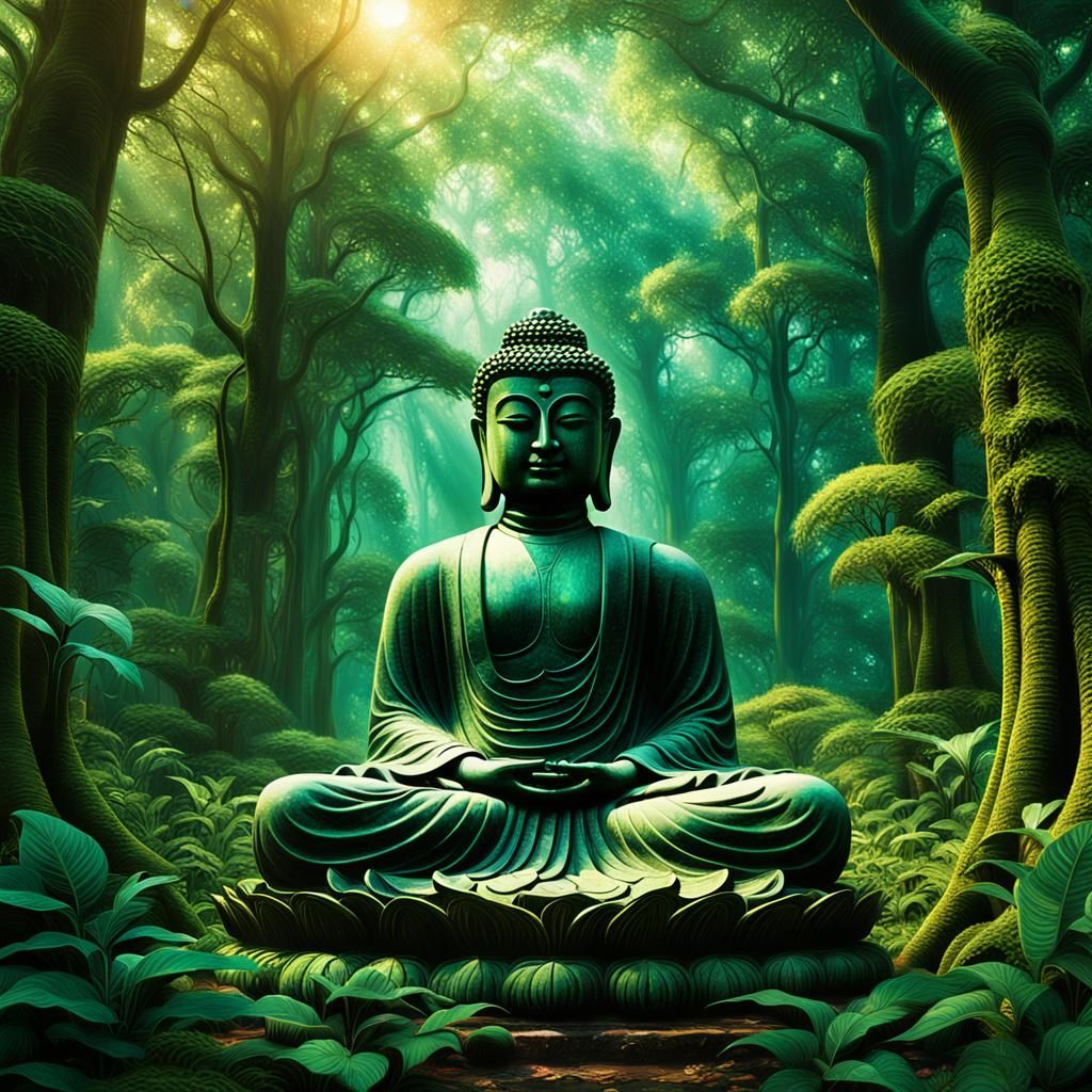 Serene Buddha in Lush Forest, Inspired by Beksiński