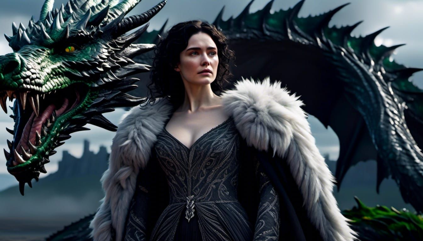 <lora:Mystical Fantasy:1.0>  Jon Snow as a woman with curly black hair, dark gray eyes, pale skin, wearing a black gown trimmed with white f...