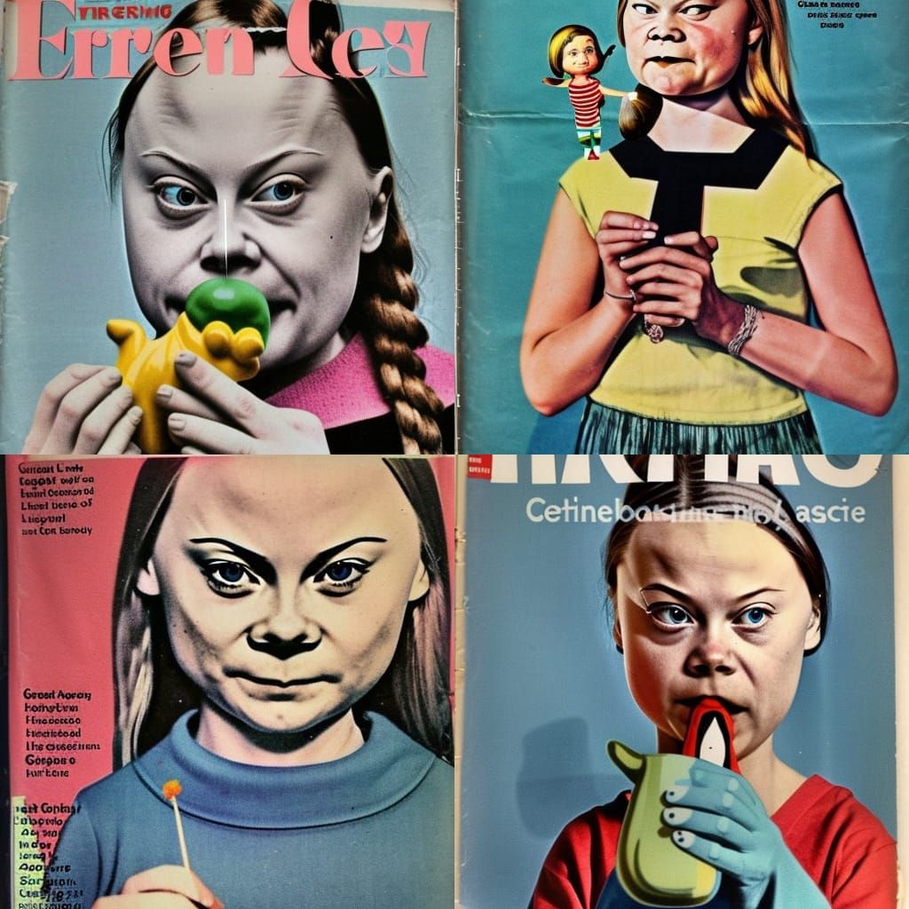 Greta Thunberg eating a gnome, 1960s fashion magazine cover,...