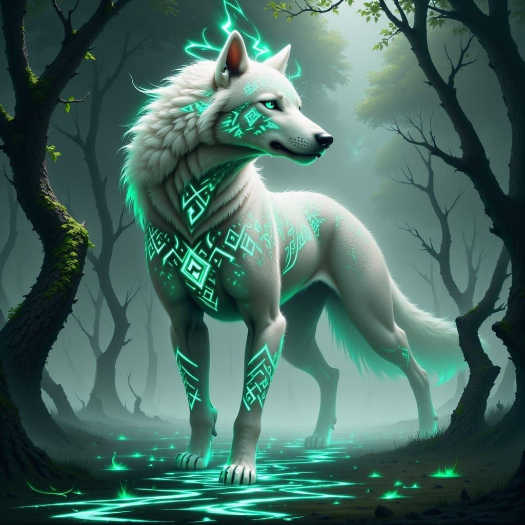 Regal White Wolf with Shimmering Aqua Runes in a Mystical At...