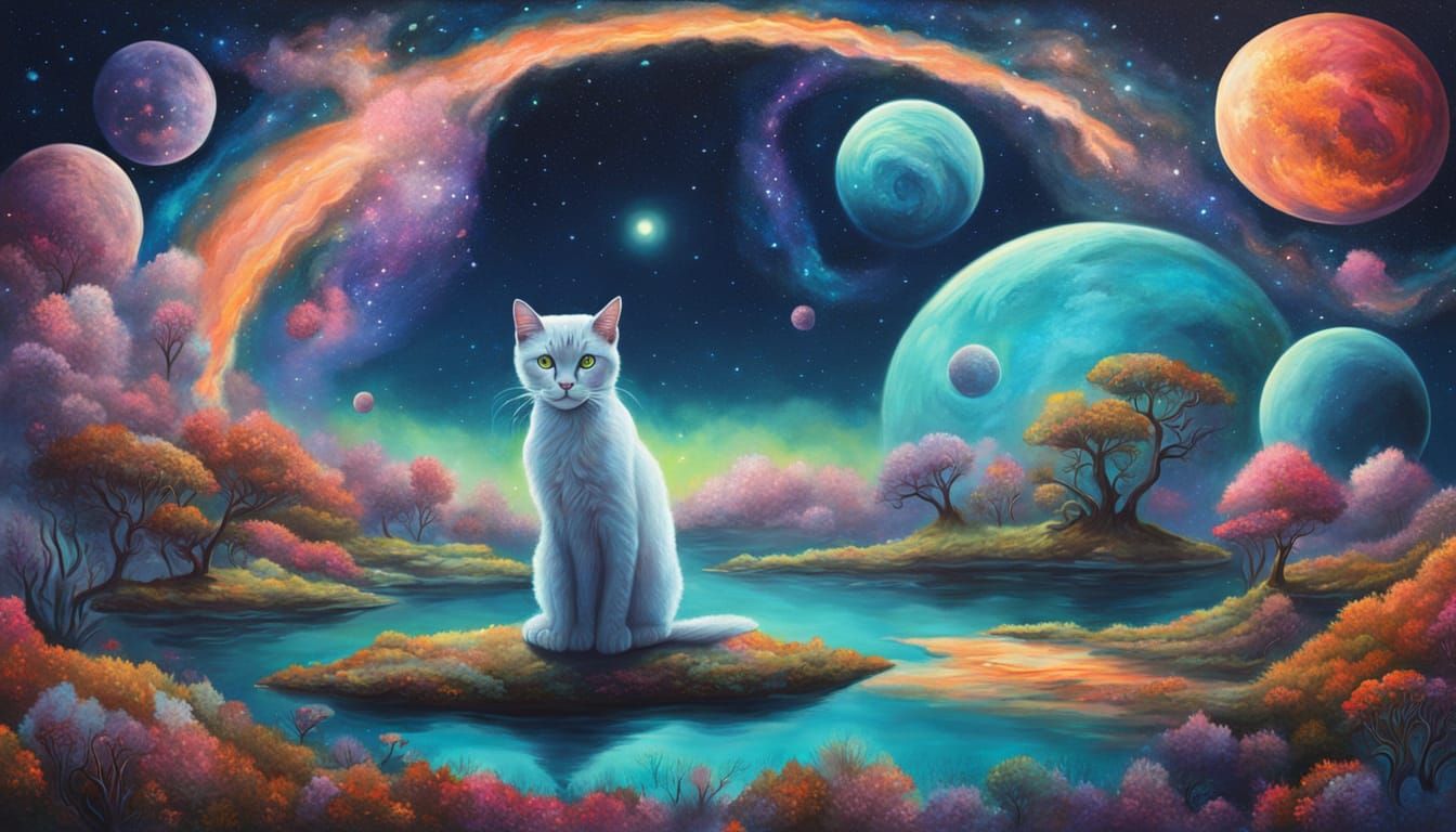 Surreal Cat on Floating Island in Cosmic Nebula