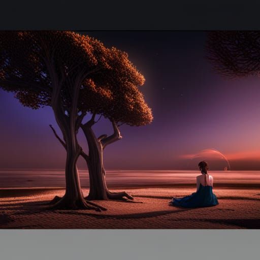 girl relaxing under the tree night in the  beach 