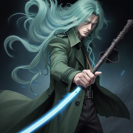 A beautiful long blue haired man wearing a dark green trench...