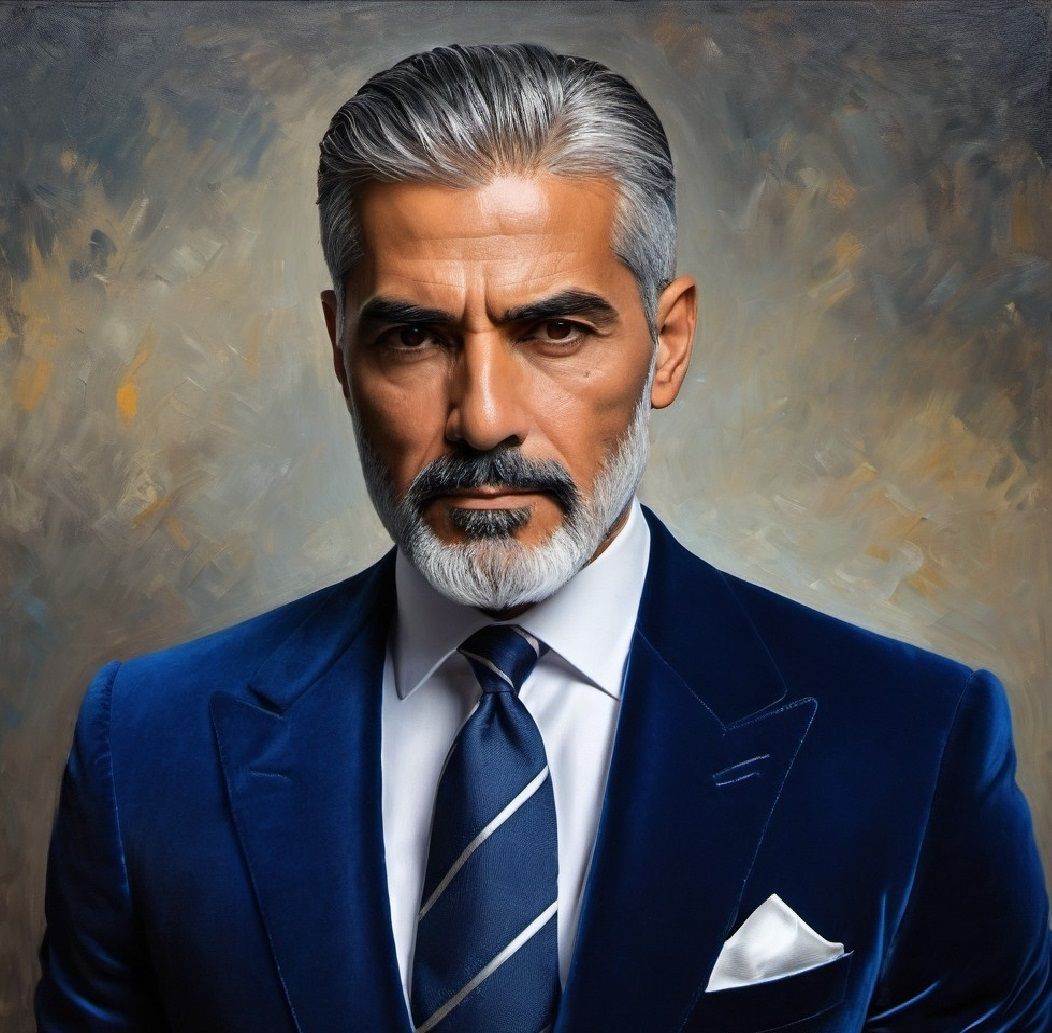 A handsome silver-bearded man wearing a blue velvet suit