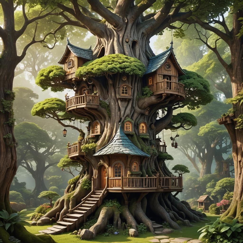 a tree house with a tree growing out of it's trunk, bonsai tree house, elves house, fantasy house, little cottage, tree house, cozy home bac...