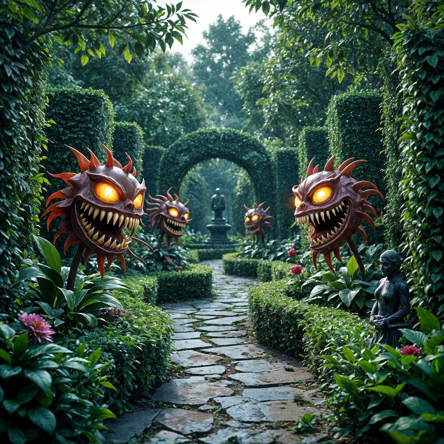 Digital painting. A creepy garden where the flowers have teeth and eyes. Overgrown, eerie, and full of ...  by @Eric V