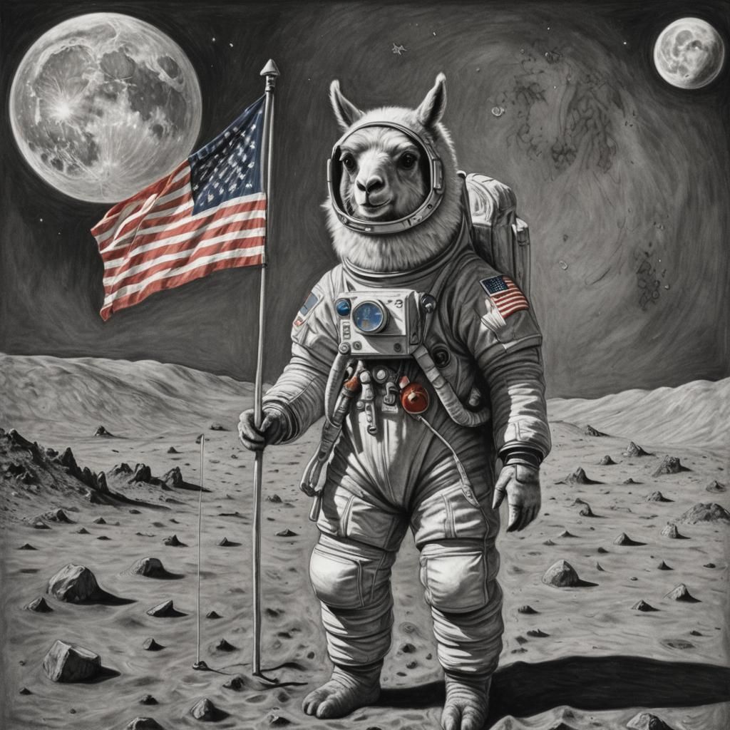 A Llama astronaut in a spacesuit on the moon, with a flag th...