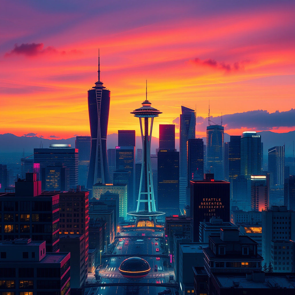 Seattle sunset skyline  by @Animal fusion