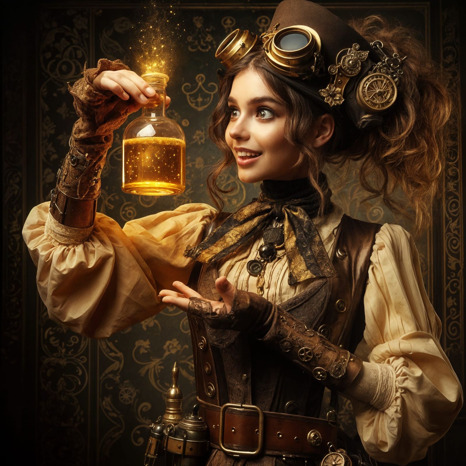 A girl alchemist, dressed in steampunk style, holds a bottle...