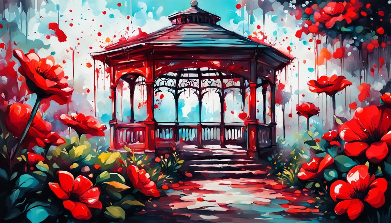 Beautiful gazebo garden patio with red flowers