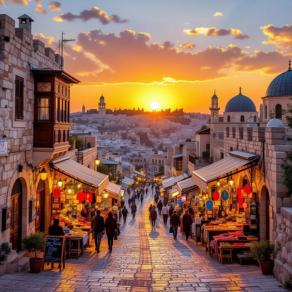 Jerusalem Streets at Sunset in Israeli Art Style