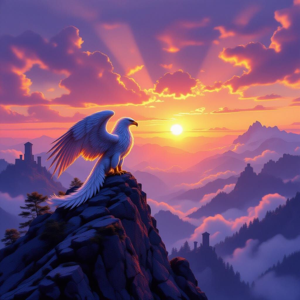 A dramatic, hyperrealistic cinematic photograph of a magnificent griffin perched on a mountain peak at sunrise. The sky is a riot of colors,...